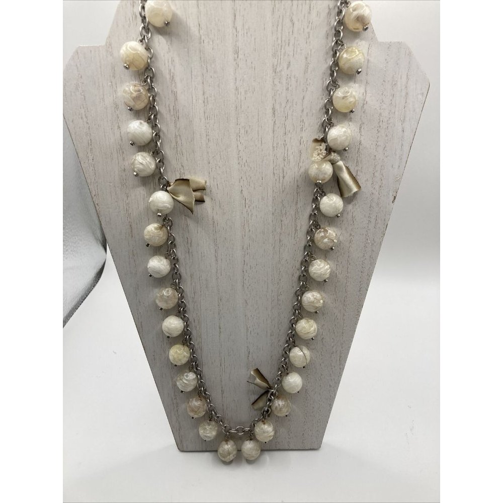 Loft‎ marble bead and ribbon bow long necklace 32" chain link SIGNED